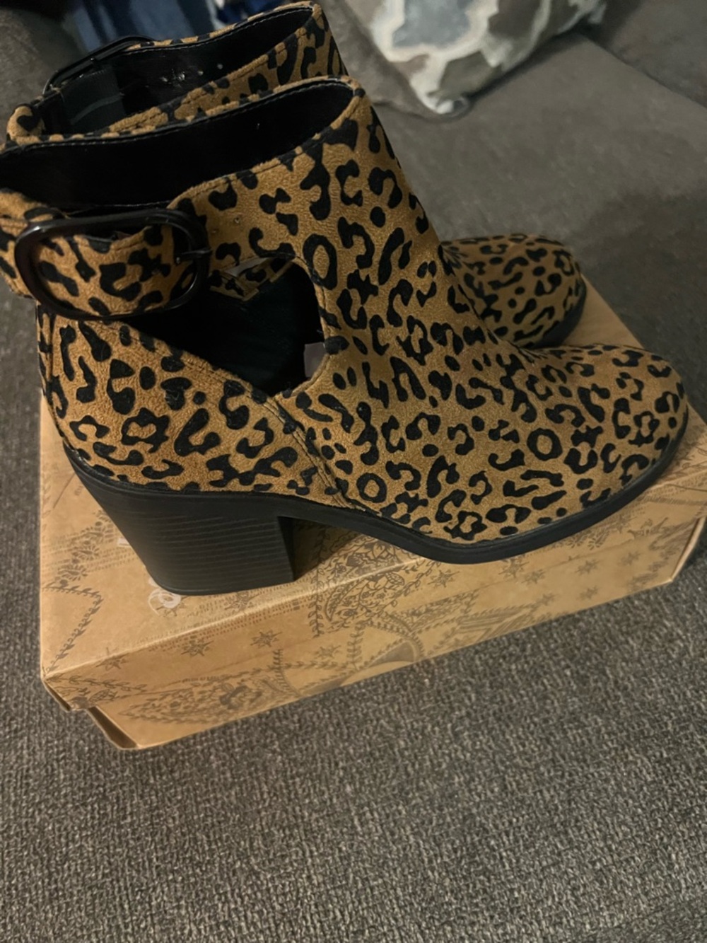 Leopard Print Cutout Ankle Booties with Buckle Strap - Tan/Black